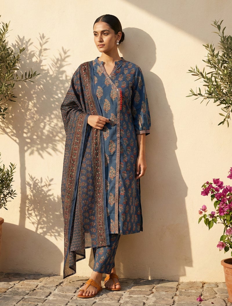 trueBrowns Blue Boota Print Angrakha Kurta Pant Dupatta Set - Image 1